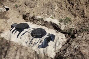 Overhead diagonal view of a newly installed septic tank system at a residential property for removal and purification of household grey wastewater and sewage. How an Aerobic Septic System Works - Red Dirt Septic